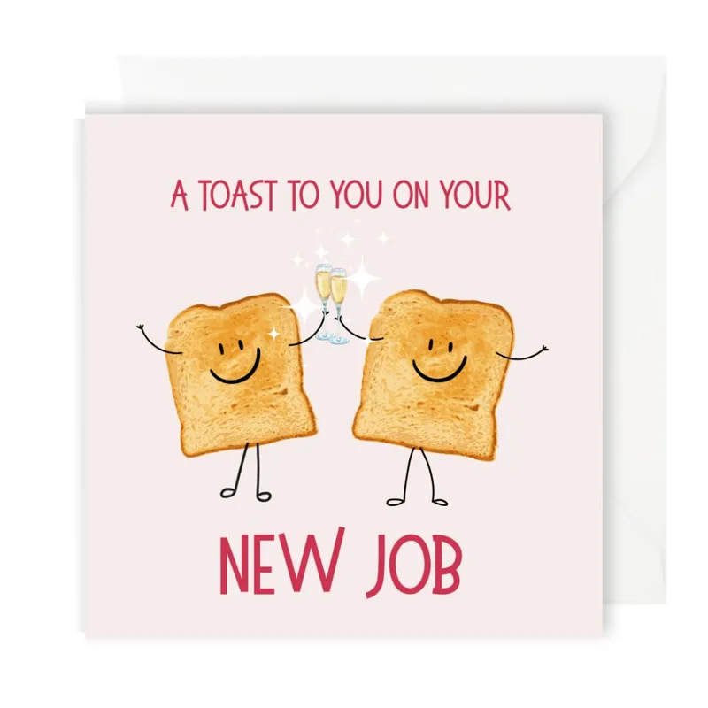 Cartoon Toast Clinking Glasses Card: A New Job Toast