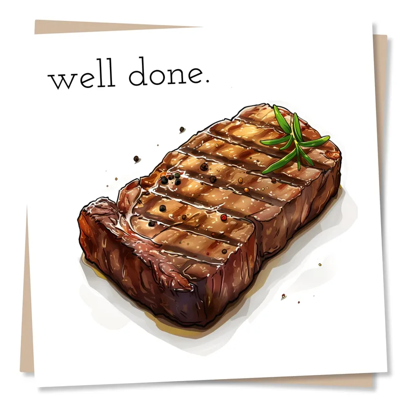 Steak Lover Card – Grilled steak illustration with the words “well done.” – Greeting Card in black