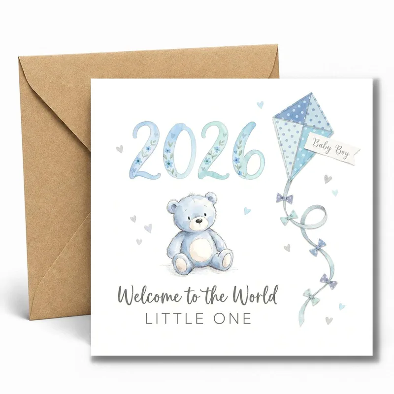 Blue Watercolor Teddy Bear Card for a New Baby Boy