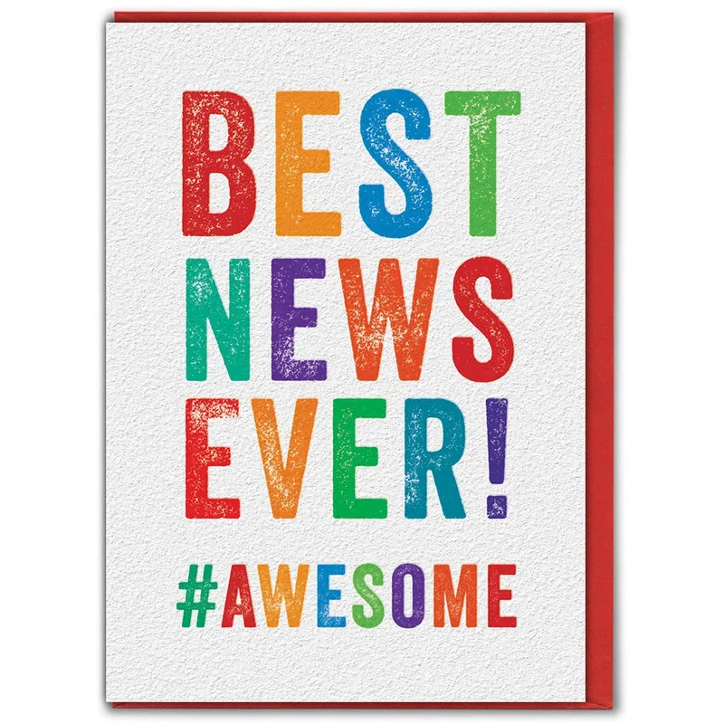 Best News Ever Card – Rainbow letters reading BEST NEWS EVER and #AWESOME – Greeting Card in black