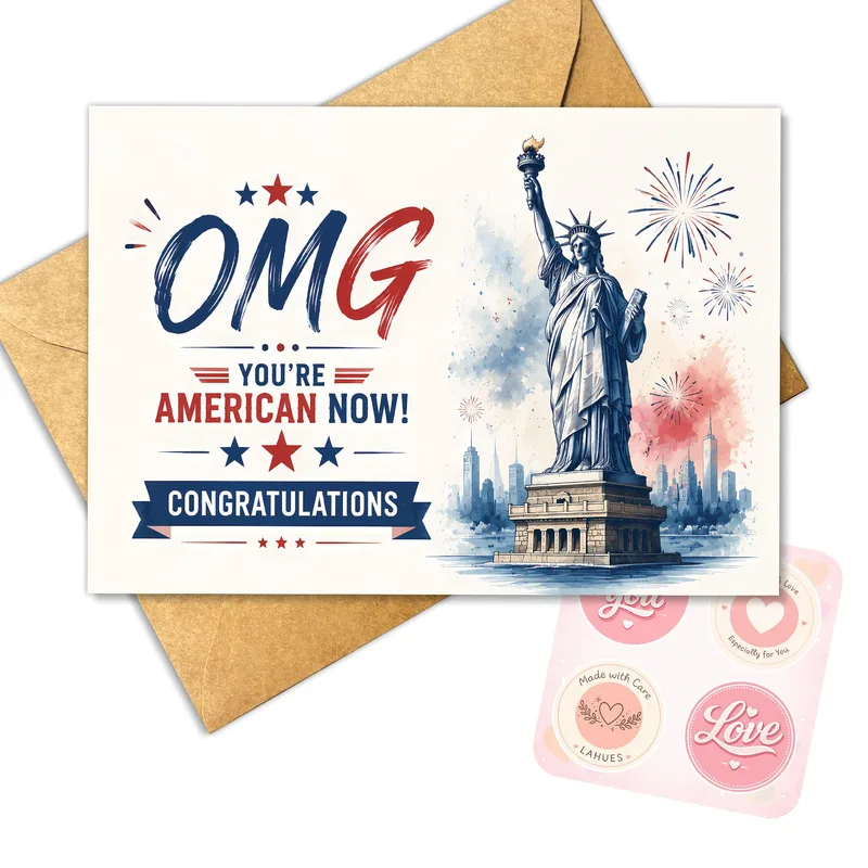 Omg You're American Now Card – Congratulations card with OMG and Statue of Liberty – Greeting Card in black