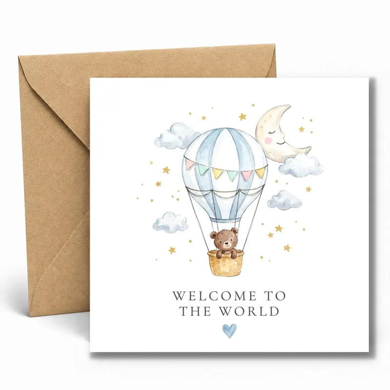 Blue Teddy Bear Balloon Card for New Baby Boys