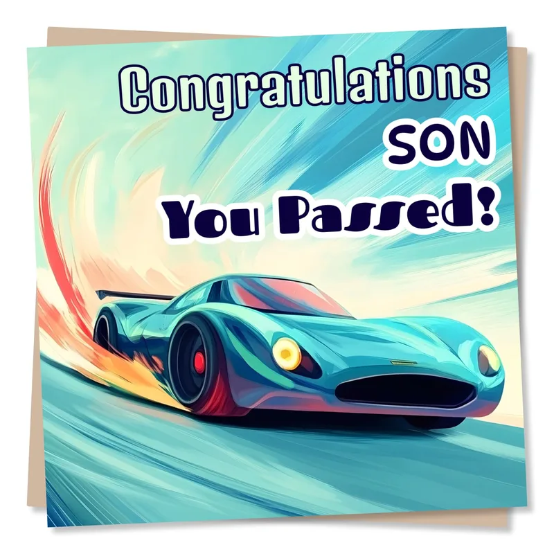Congratulations Son Passed Card: Blue Sports Car Design