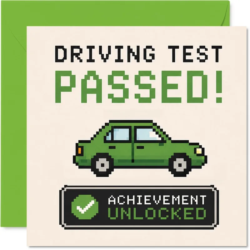Pixel Green Car Card for a Driving Test Pass