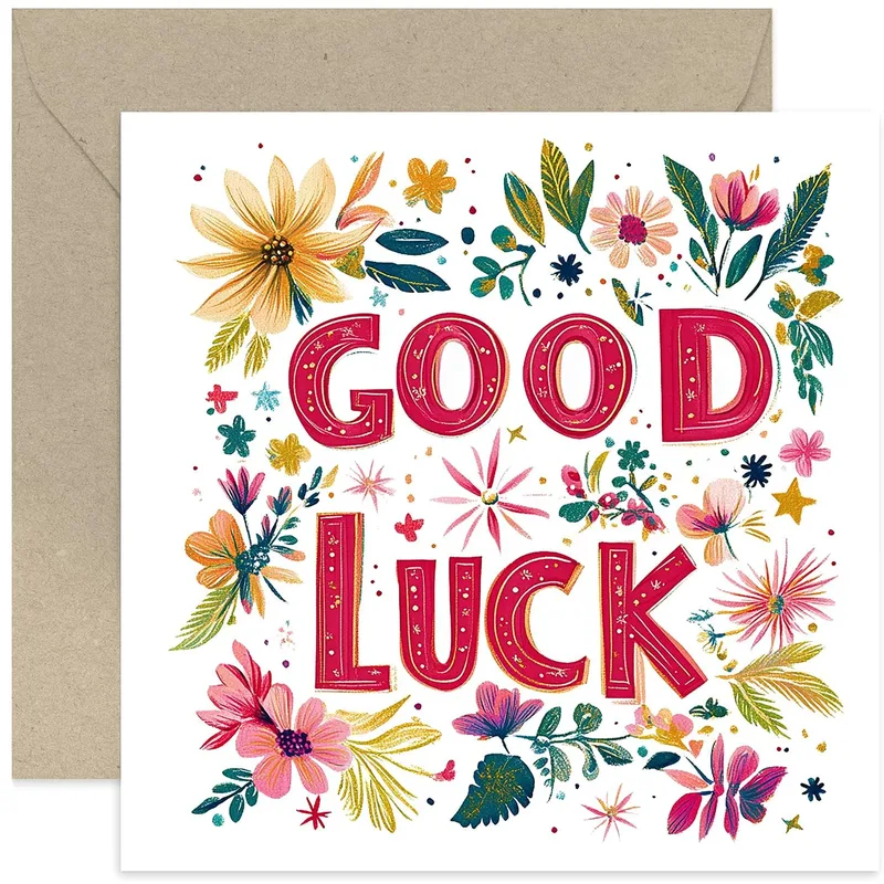 Colorful Good Luck Card with Bold Floral Lettering