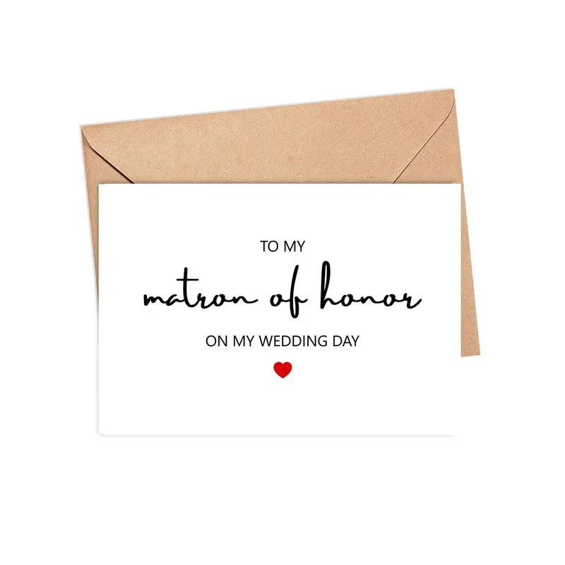 Matron of Honor Card – Greeting card reading To my matron of honor on my wedding day with red heart – Greeting Card in black