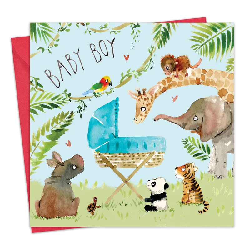 Watercolor Jungle Animals Card for a New Baby Boy