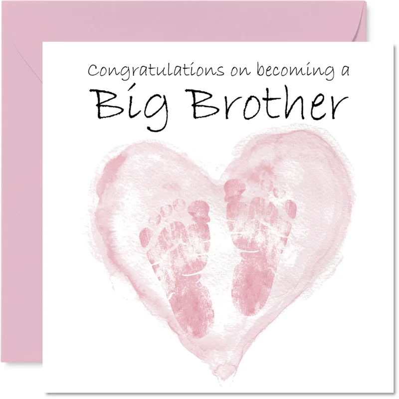 Pink Watercolor Footprints Heart Card for New Big Brothers