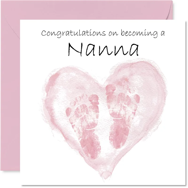 Nanna Congratulations Card: Pink Watercolor Baby Footprints in a Heart