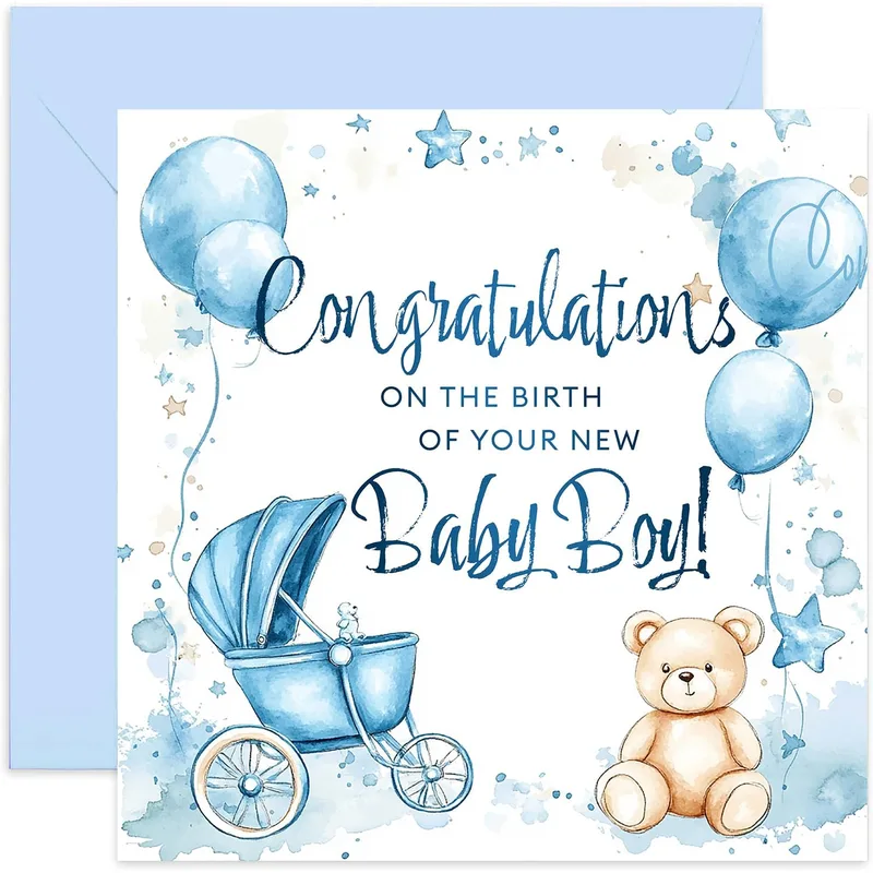 Blue Watercolor Pram Balloons Card for New Baby Boy