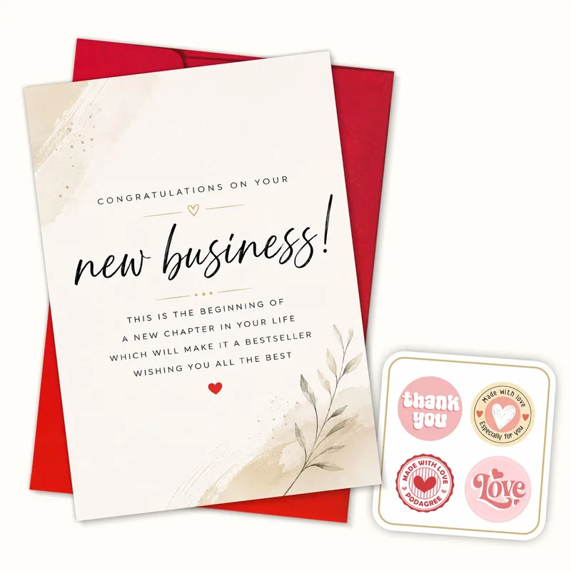 New Business Card – Beige watercolor leaf sprig with congratulatory script text for a new venture – Greeting Card in natural