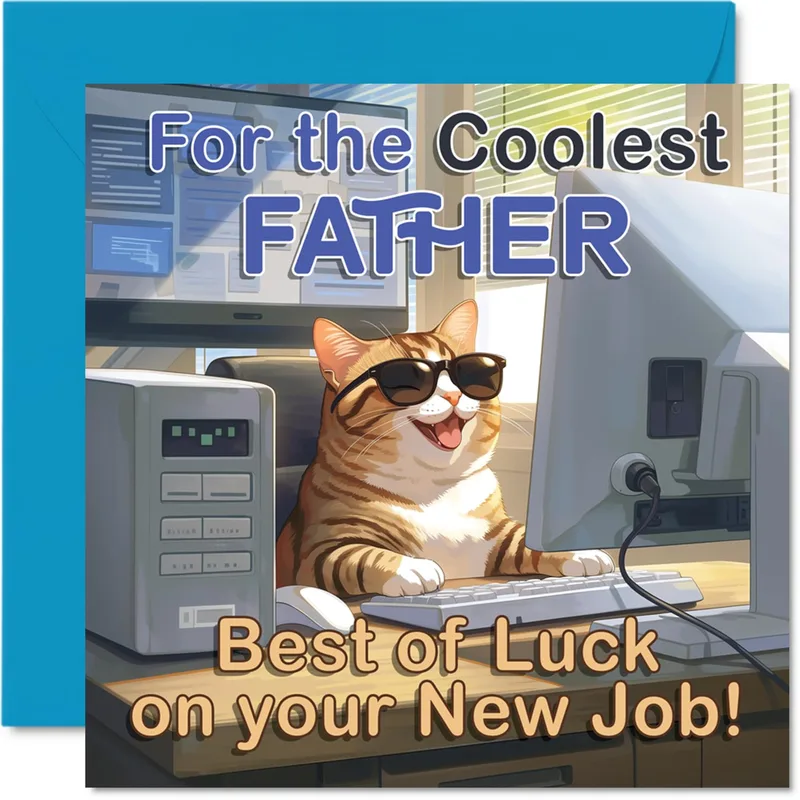 Coolest Father New Job Card for a Cat in Sunglasses