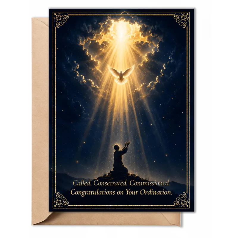 Rays Over Kneeling Congratulations Card for Ordination Celebrations