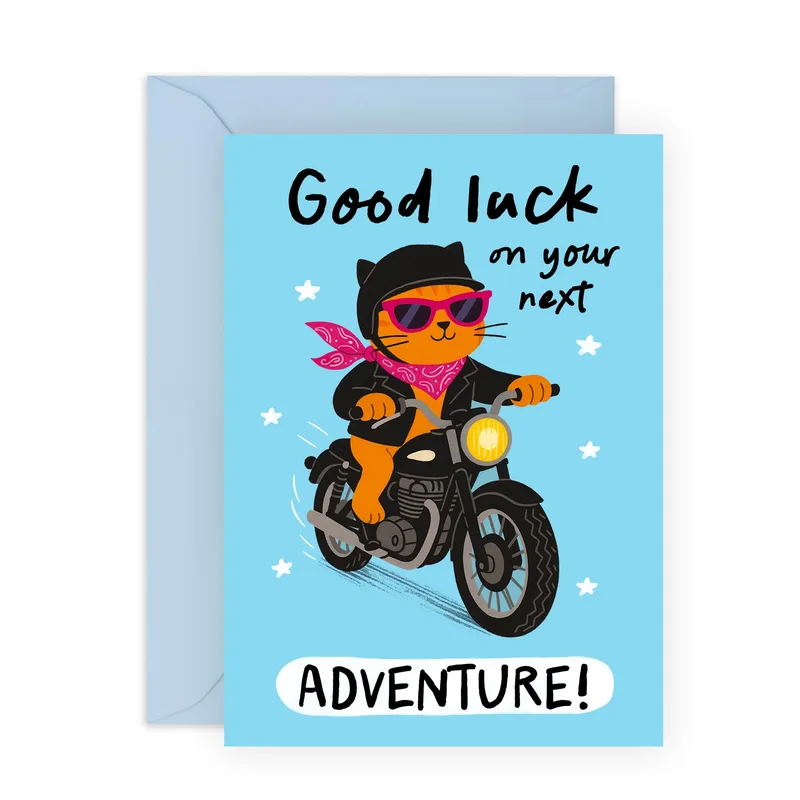 Biker Cat Motorcycle Good Luck Card for New Jobs and Adventures