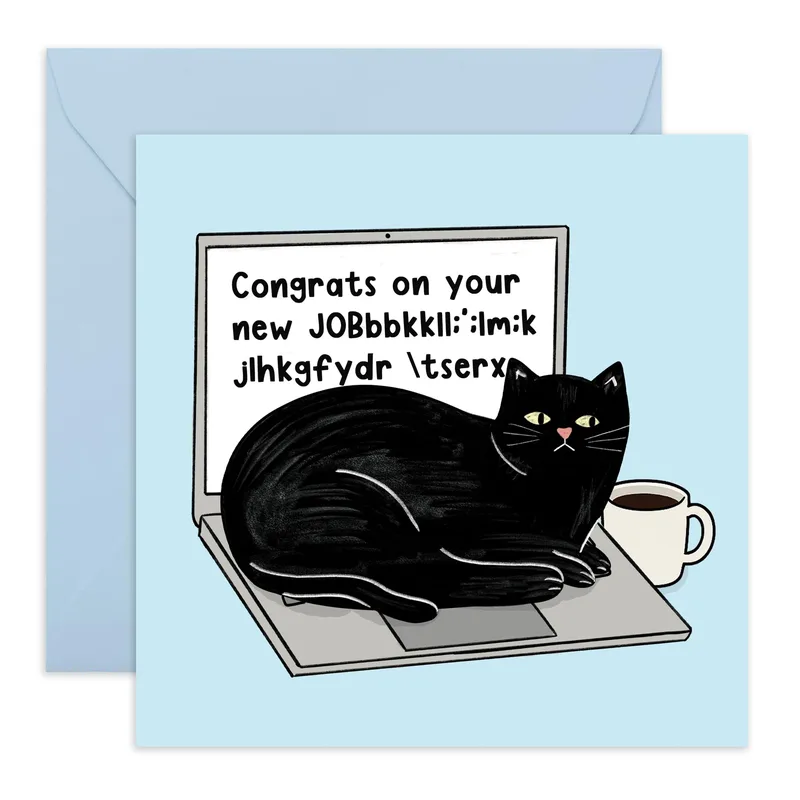 Black Cat Laptop New Job Card for the Work-From-Home Feline Fan