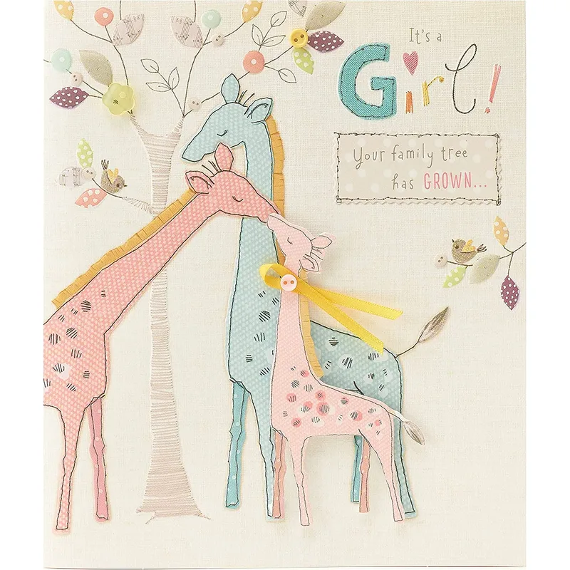 Family Tree Embroidery New Baby Card Celebrates a Giraffe Family