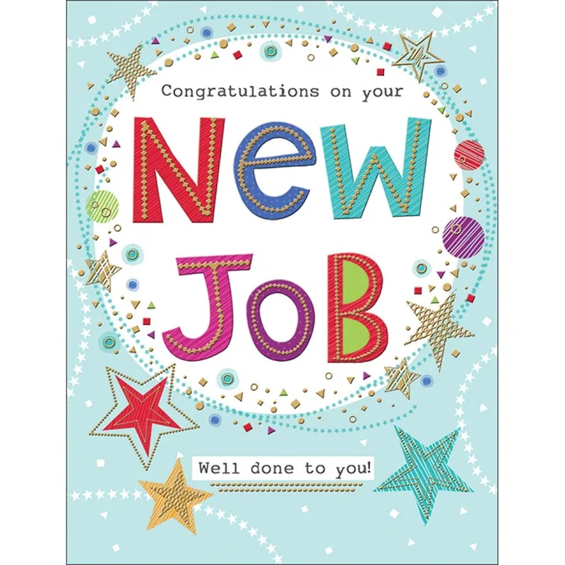 Teal Colorful Stars New Job Card Celebrates Career Success