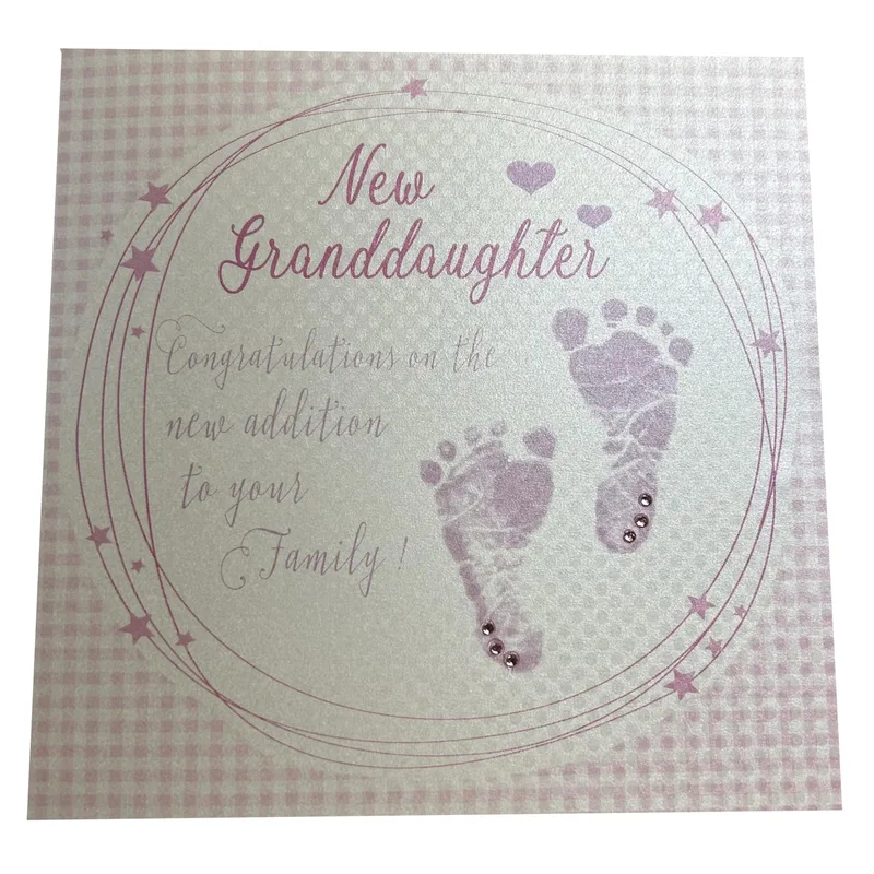 Footprints Grey Plaid New Baby Card Celebrating a New Granddaughter