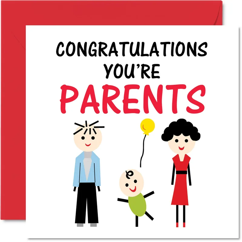 Family Red Border New Baby Card Celebrates New Parents with Fun Art