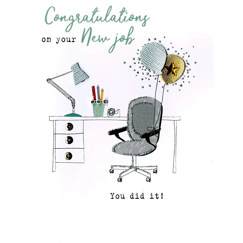 Desk Office Chair New Job Card Celebrating Career Success