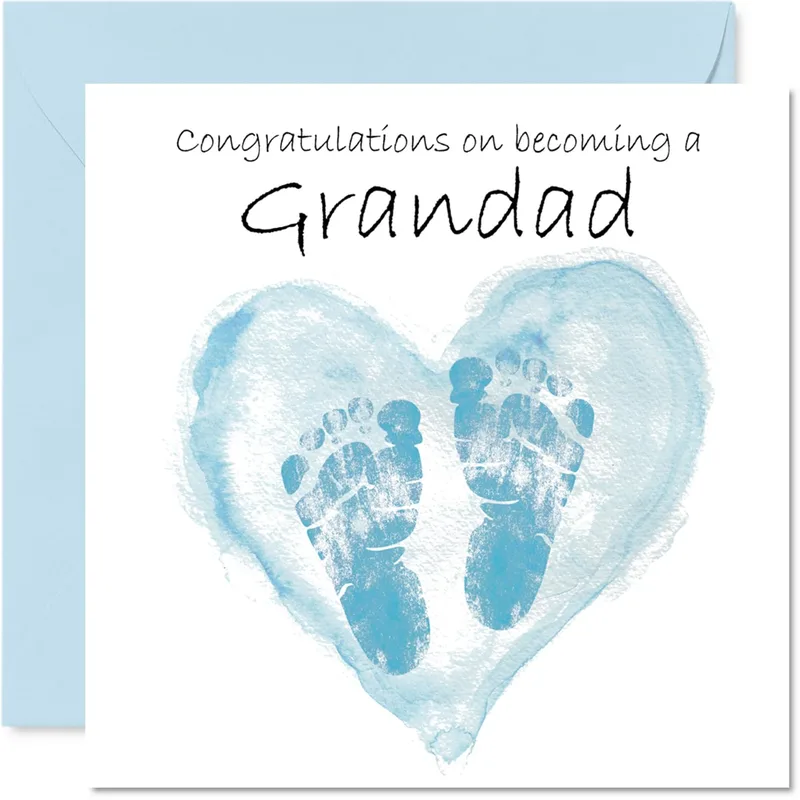Blue Footprints Heart New Baby Card Celebrating Grandad