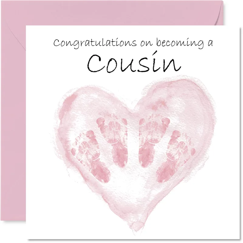 Pink Footprints Heart New Baby Card for Cousin Congrats