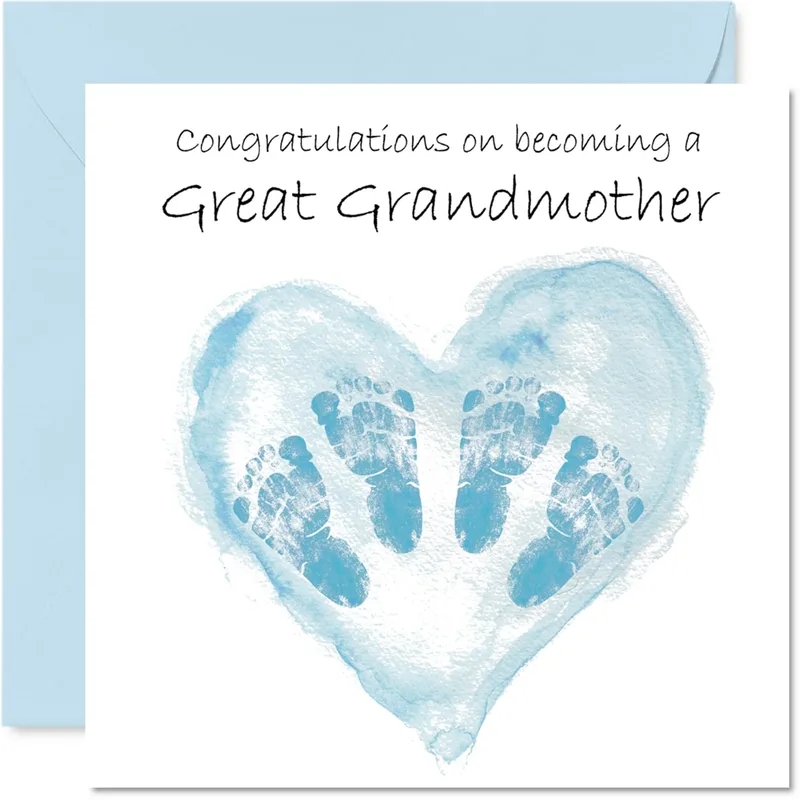 Becoming a Great Grandmother Card with Blue Footprint Heart Design