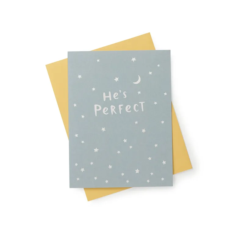 Grey Plain Stars Card: He's Perfect New Baby Greeting