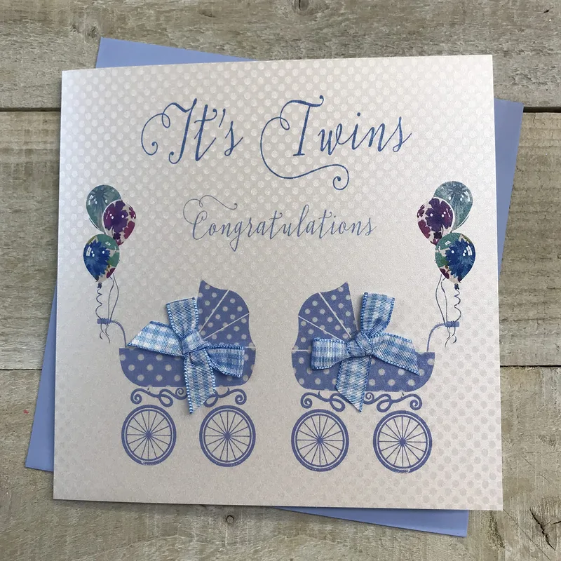 Blue Prams Twins New Baby Card Celebrating Double Joy