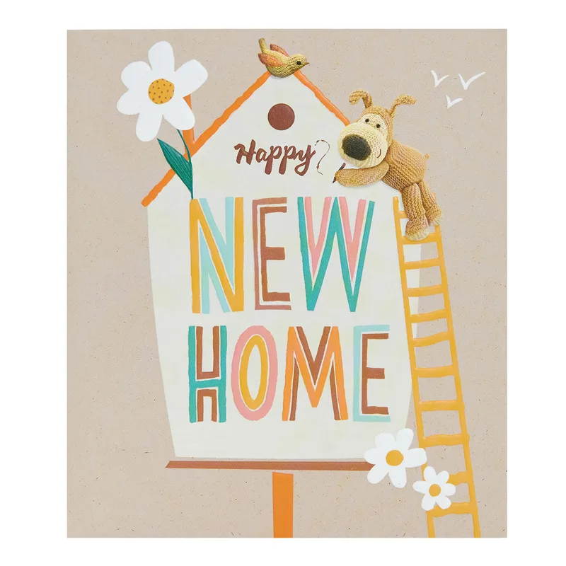 Dog Ladder New Home Card for a Knitted Dog Climbing a House Sign