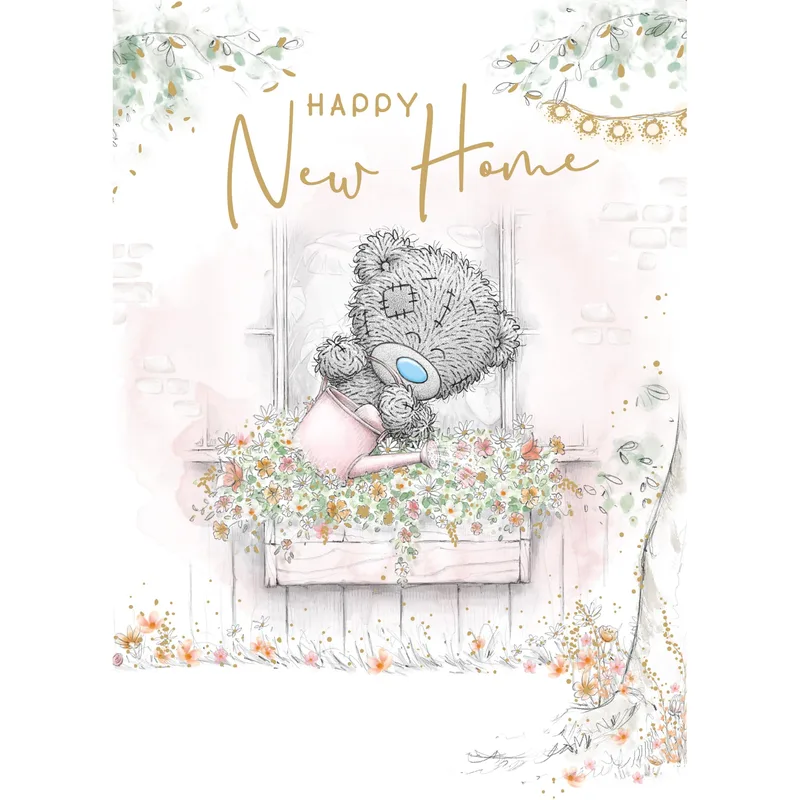 Bear Flower Window New Home Card Celebrates a Teddy Bear Gardening