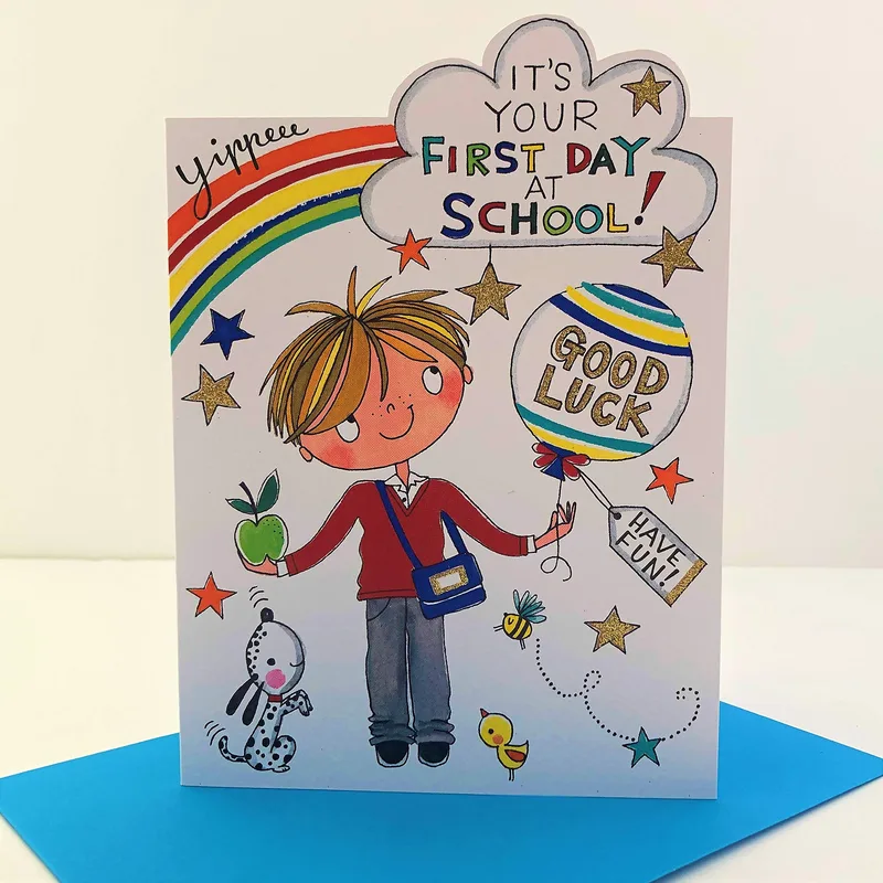 Boy Balloon Rainbow Good Luck Card for a Child's First Day of School