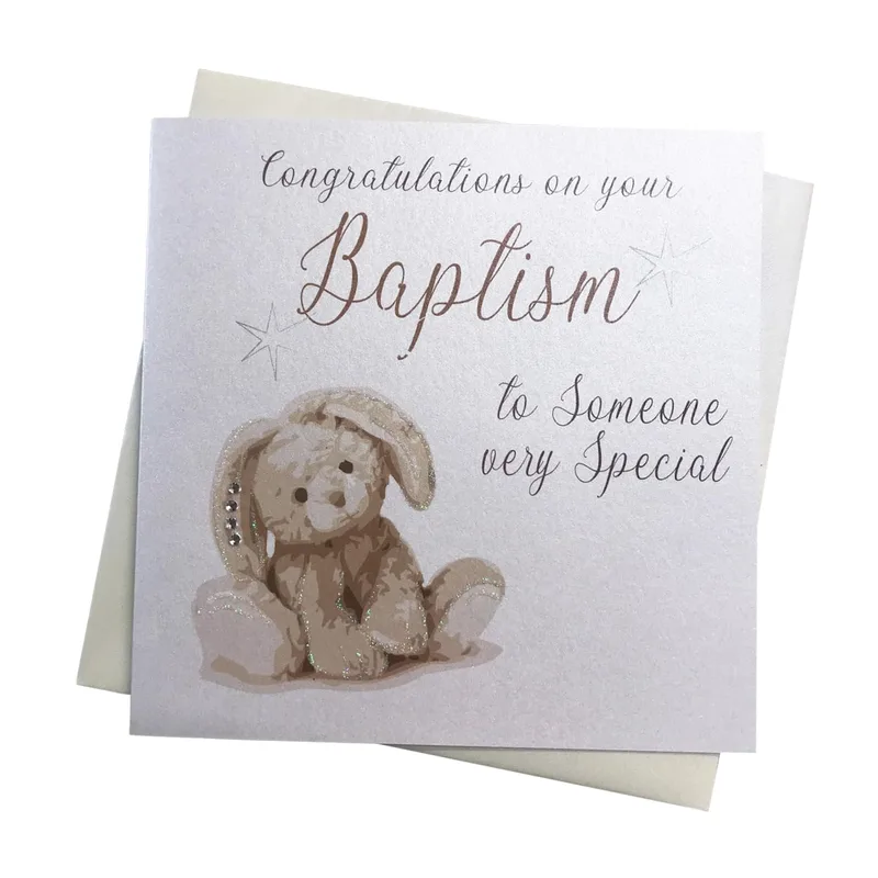 Grey Bunny Plush Card Celebrating a Baptism