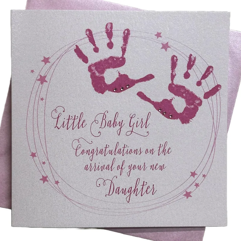 Pink Handprint Wreath New Baby Card Celebrating a Little Girl