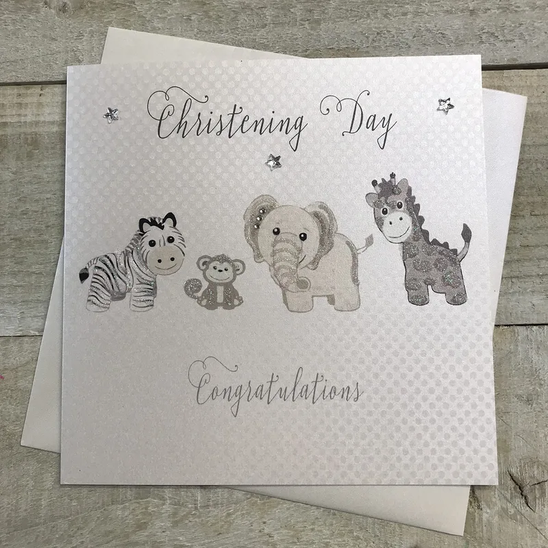 Silver Animals Christening Card for Zoo Celebrations