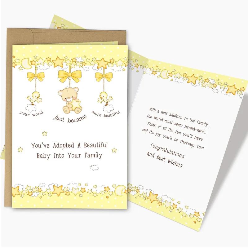 Bears Stars Border New Baby Card features a yellow mobile