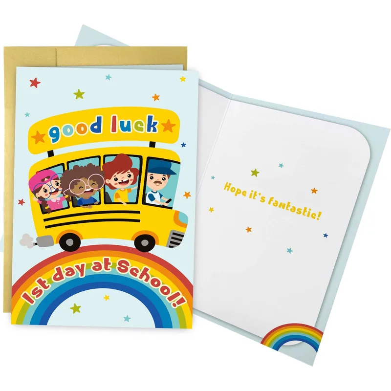 School Bus Rainbow Good Luck Card for First Day Celebrations