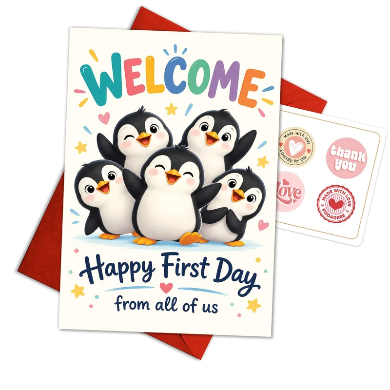 Penguins Group Colorful Card for New Employee Welcome