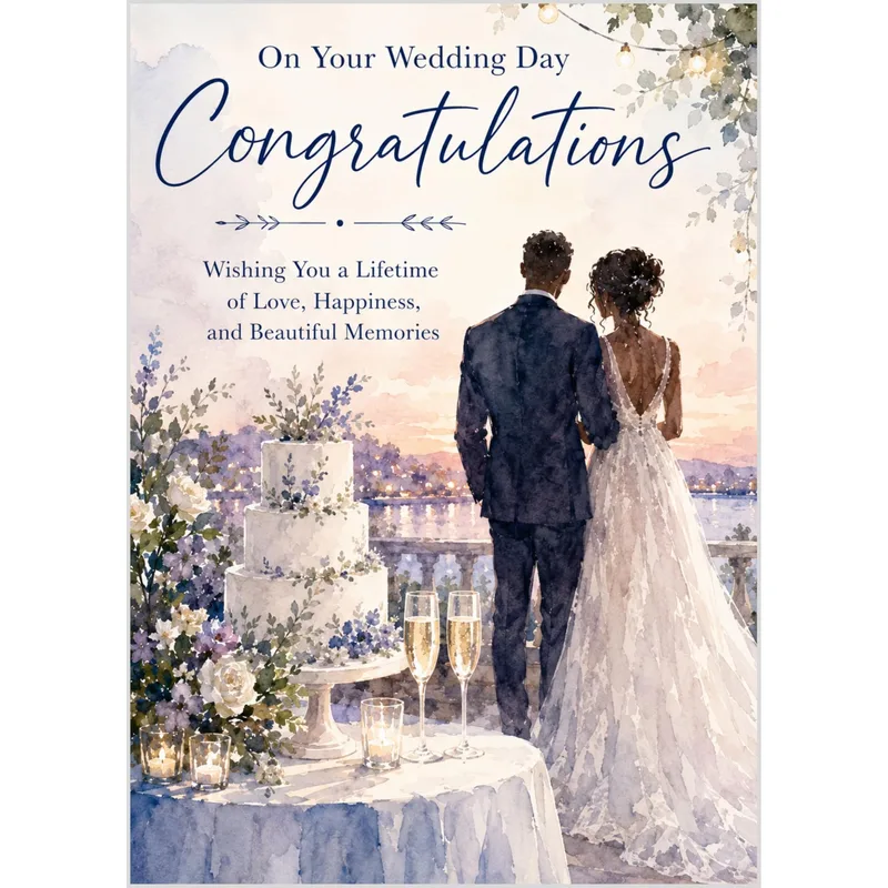 Couple at Wedding Cake Card features a watercolor bride