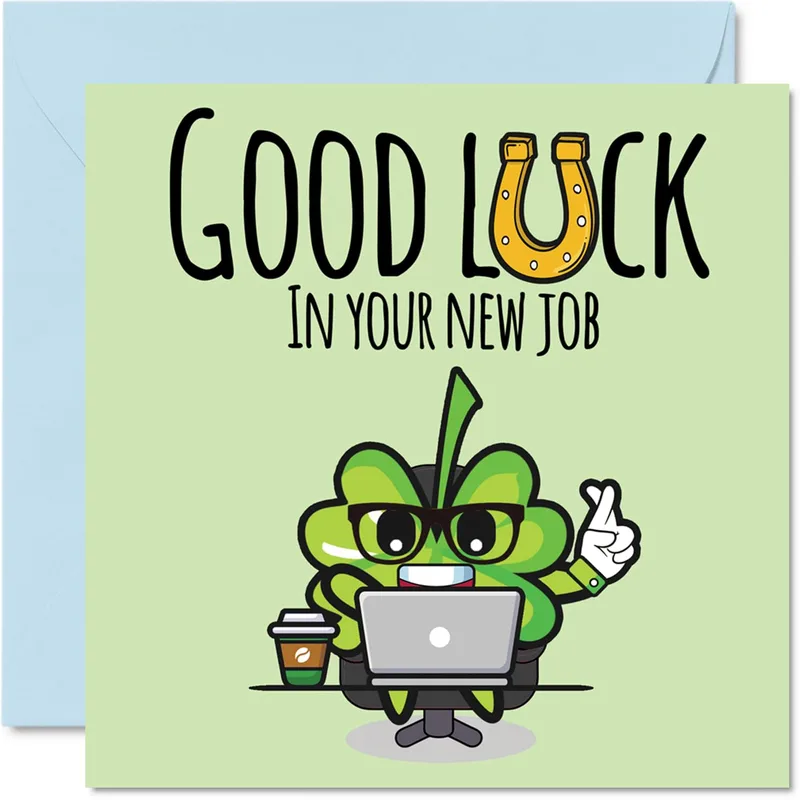 Clover Mascot Laptop New Job Card featuring a lucky clover character