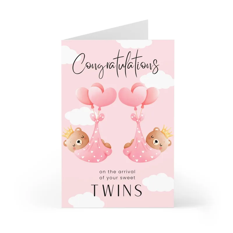 Balloons Twin Bears New Baby Card for Sweet Twins Arrival