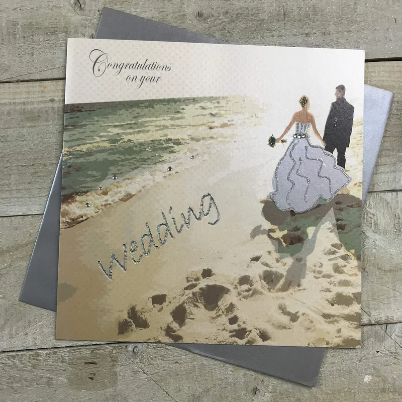 Beach Couple Walking Wedding Card – Bride and groom walking on beach with Wedding text – Greeting Card in natural