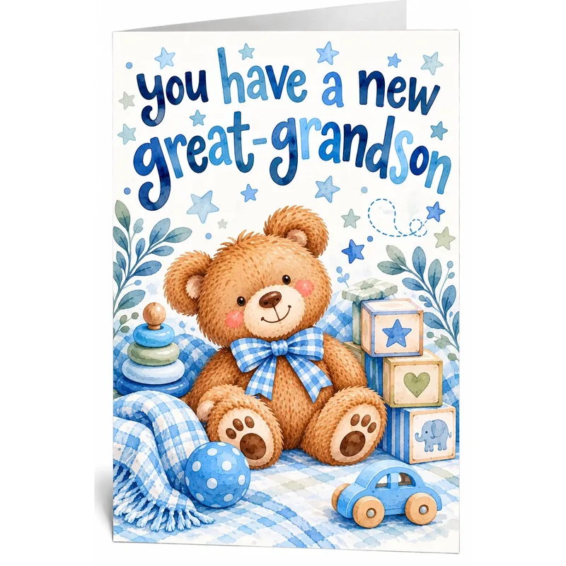 Teddy Bear Toys New Baby Card Celebrating a Great-Grandson with Toys