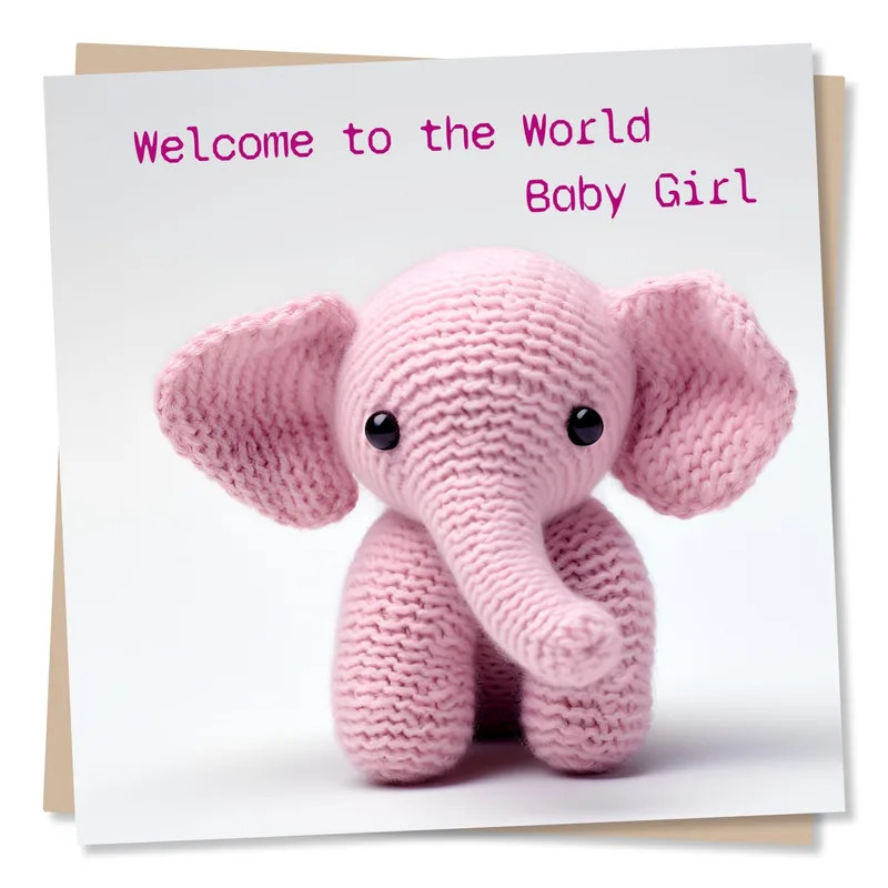 Pink Knitted Elephant New Baby Card Welcoming a Newborn Girl