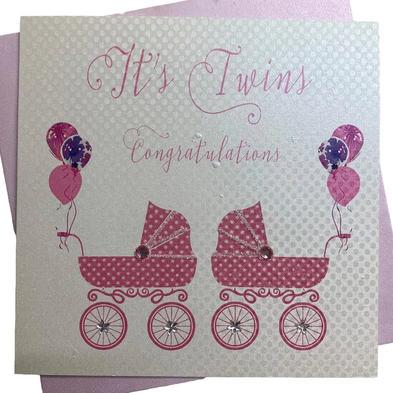 Prams Twins Balloons New Baby Card Celebrating Double Joy with Prams