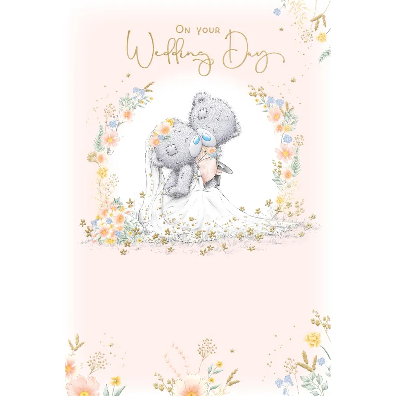 Couple Floral Border Wedding Card featuring stitched bears