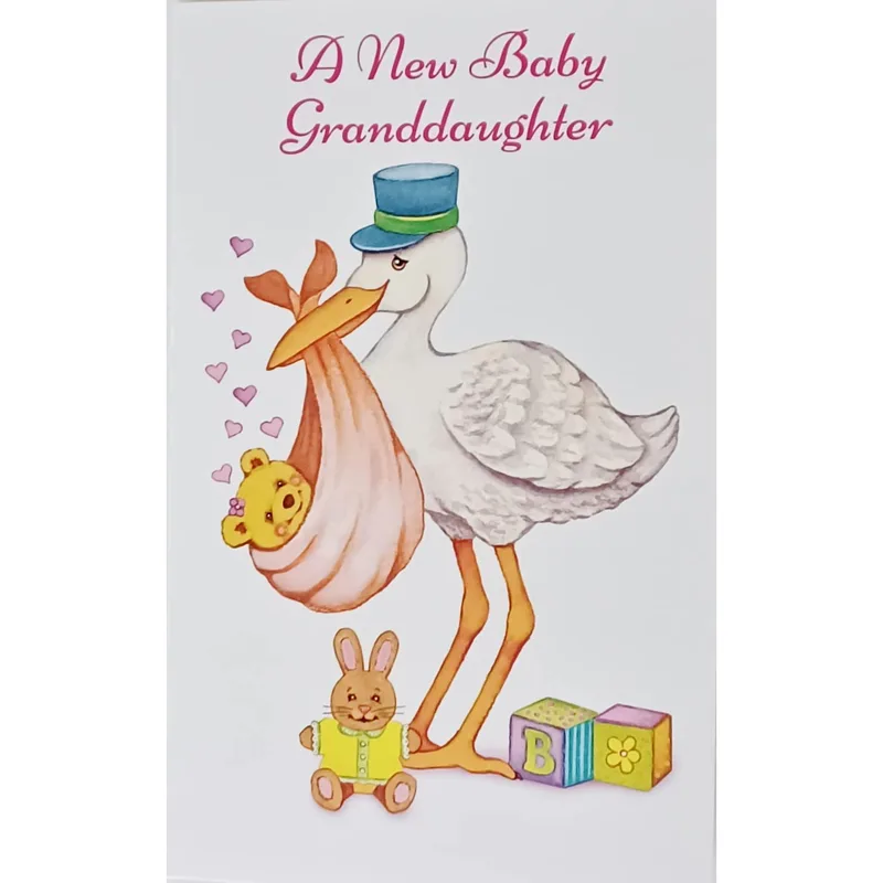 Stork Pink Hearts New Baby Card Celebrates a Granddaughter Arrival