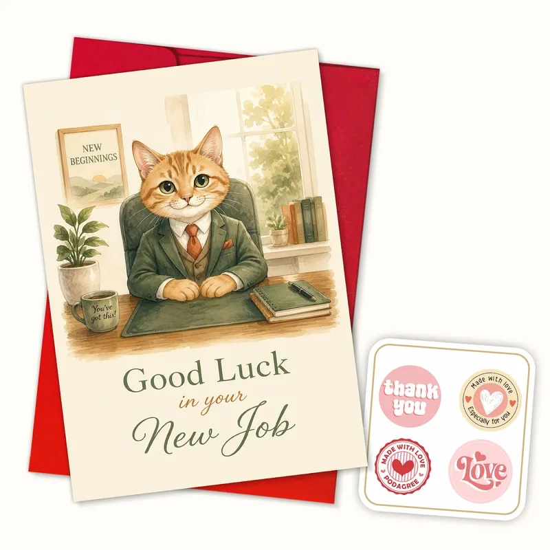 Cat Suit Desk New Job Card for a Professional Feline Friend