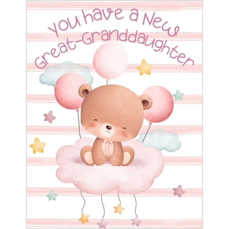 Bear Pink Balloons New Baby Card Celebrates a Great-Granddaughter