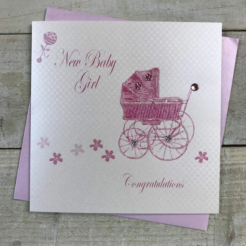 Pink Pram Flowers New Baby Card for a Little Girl